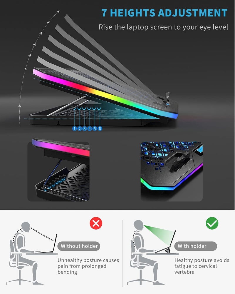 KeiBn وسادة تبريد لابتوب مطورة، مع أضواء RGB، مبرد لابتوب بـ 6 مراوح لأجهزة اللابتوب من 15.6 إلى 17.3 بوصة، 7 ارتفاعات، 10 أوضاع إضاءة، 2 منفذ USB، للاستخدام على المكتب أو في الحضن (A8، أزرق) - Image 4